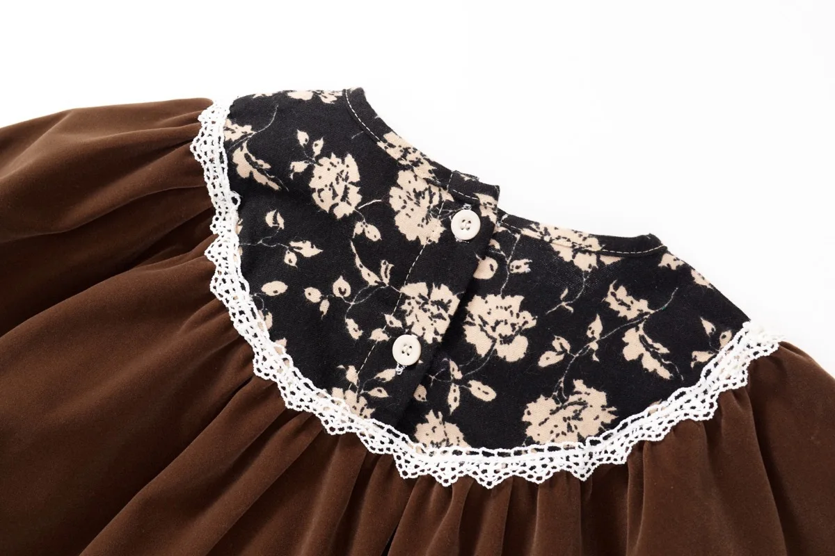 Girls' Hepburn-Style Dress, Spring and Autumn Vintage Velvet Dress for Little Girls, Children's Long-Sleeve Floral Dark-Colored Dress