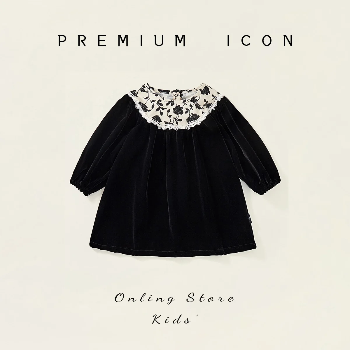 Girls' Hepburn-Style Dress, Spring and Autumn Vintage Velvet Dress for Little Girls, Children's Long-Sleeve Floral Dark-Colored Dress