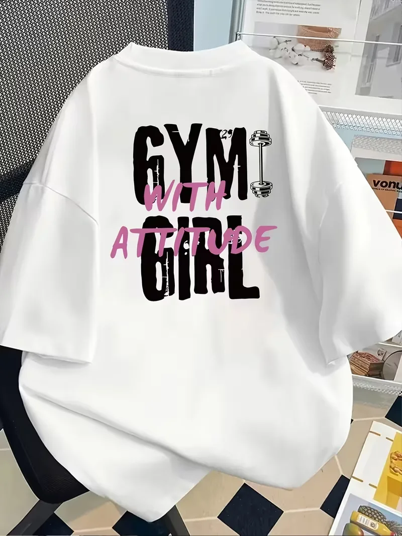 Men Women'S Gym with Attitude Graphic Tee Black Casual T-Shirt with Pink White Letter Print Short Sleeve Round Neck