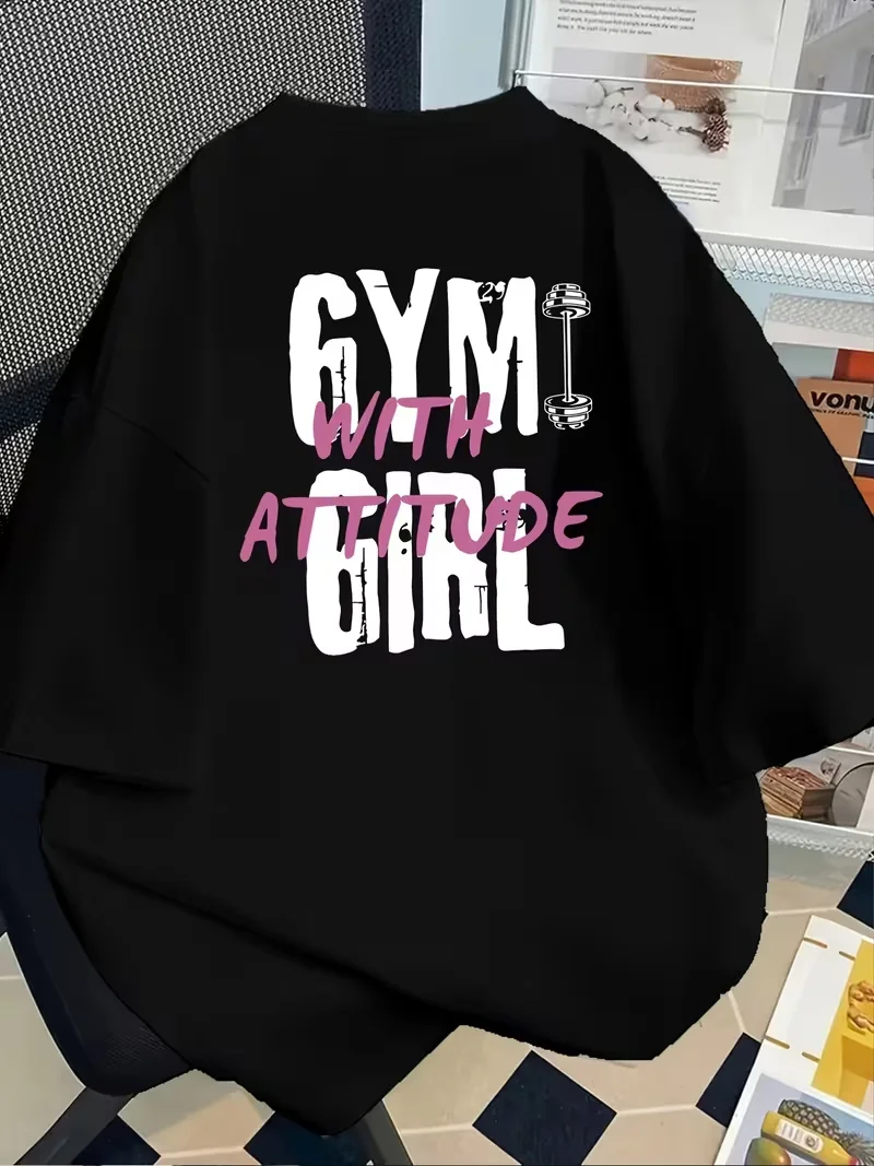 Men Women'S Gym with Attitude Graphic Tee Black Casual T-Shirt with Pink White Letter Print Short Sleeve Round Neck