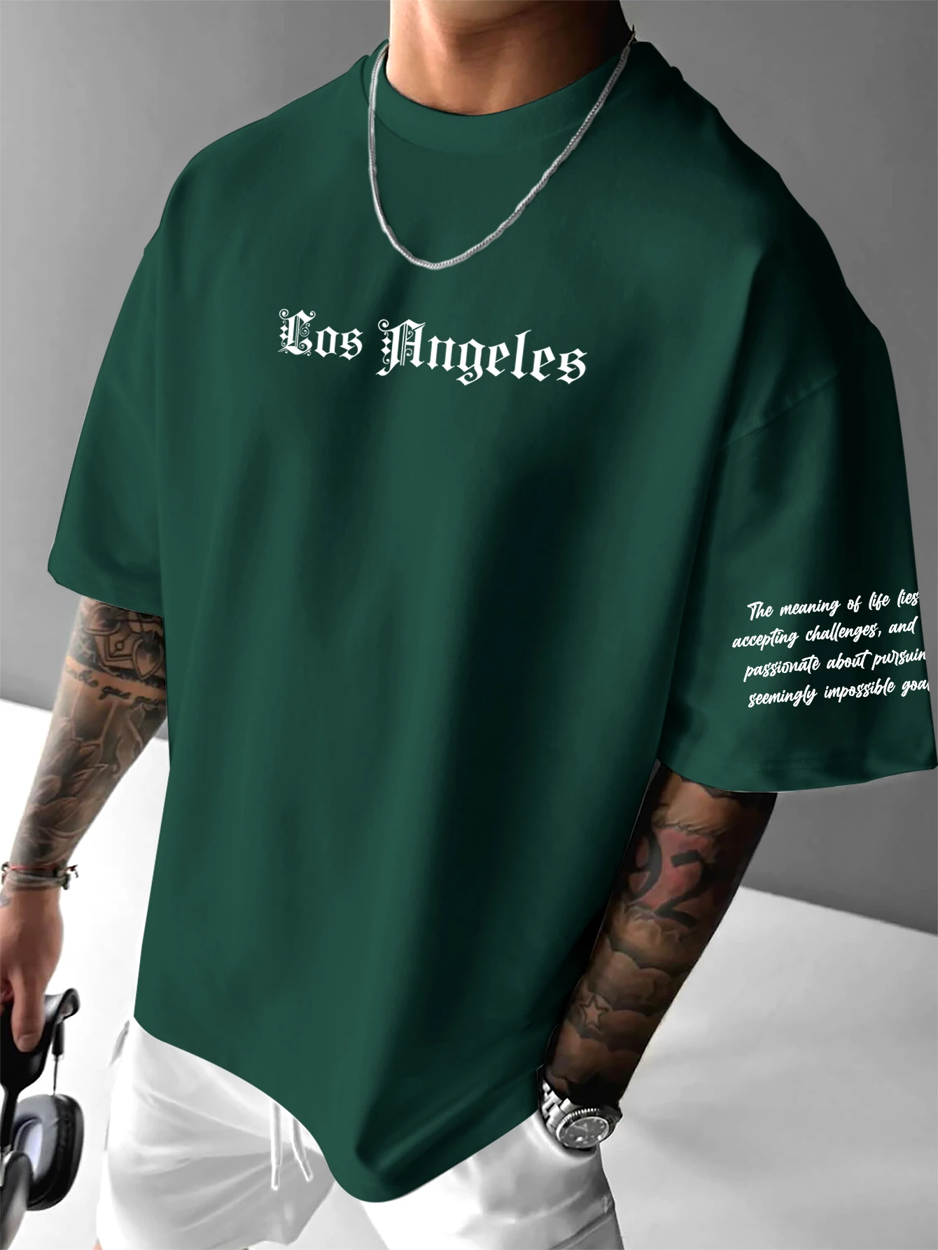 Men's Gothic Streetwear Oversized T-Shirt "Los Angeles" Vertical Script Graphic Print Crew Neck Short Sleeve Tops S-XXL