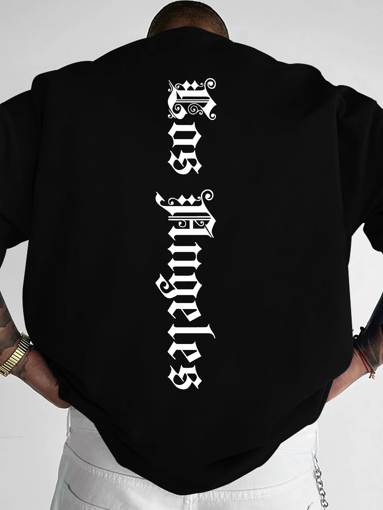Men's Gothic Streetwear Oversized T-Shirt "Los Angeles" Vertical Script Graphic Print Crew Neck Short Sleeve Tops S-XXL