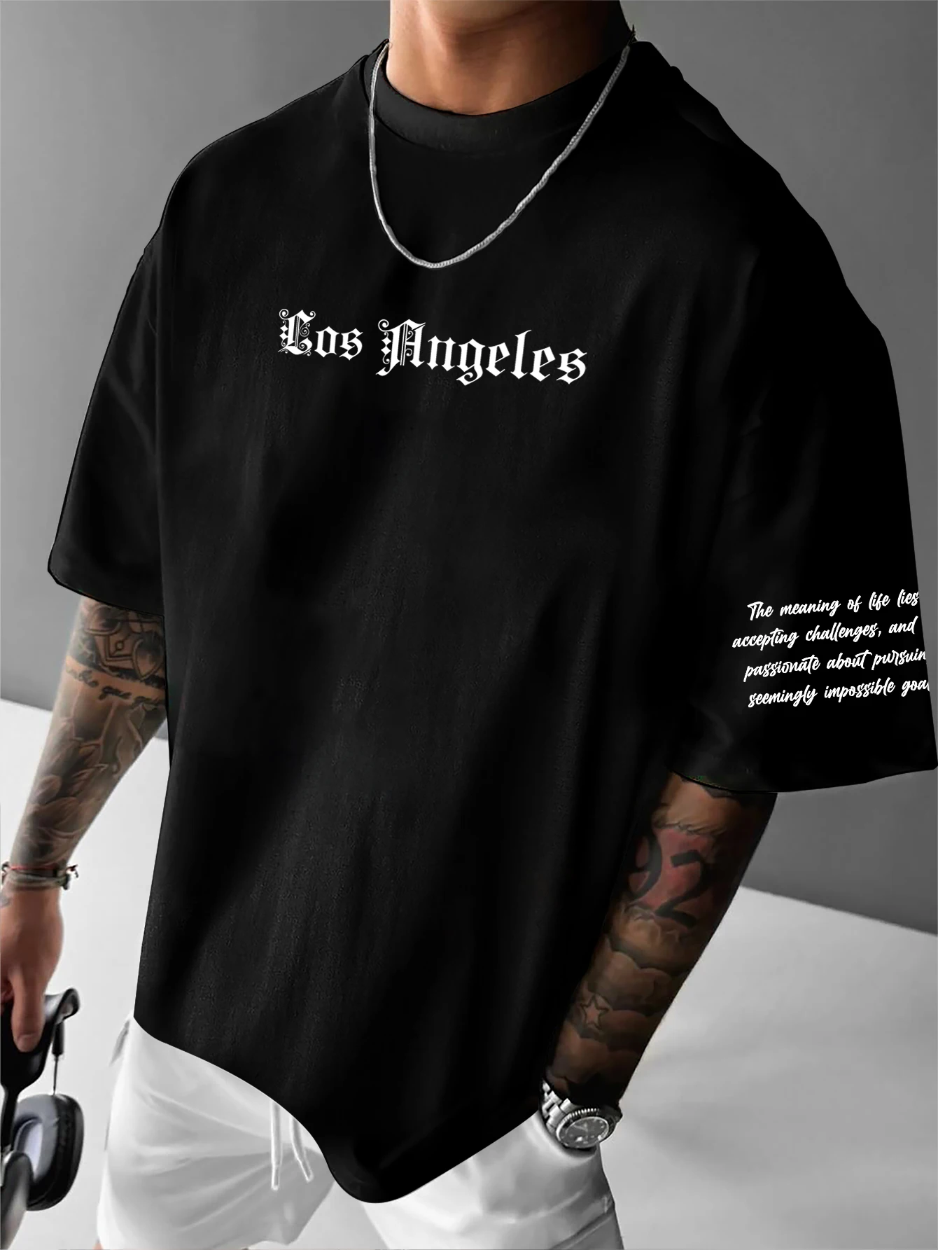 Men's Gothic Streetwear Oversized T-Shirt "Los Angeles" Vertical Script Graphic Print Crew Neck Short Sleeve Tops S-XXL