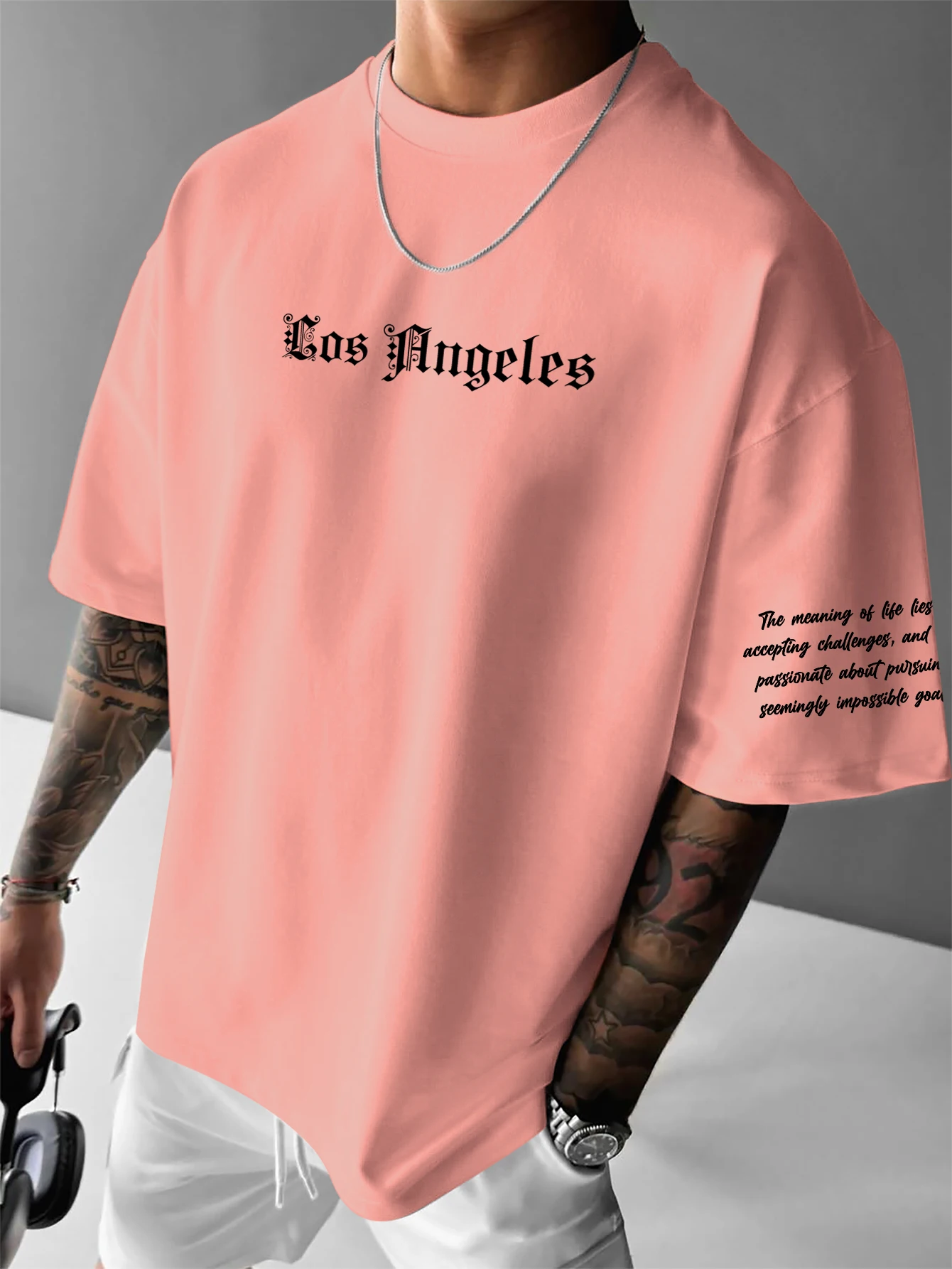 Men's Gothic Streetwear Oversized T-Shirt "Los Angeles" Vertical Script Graphic Print Crew Neck Short Sleeve Tops S-XXL