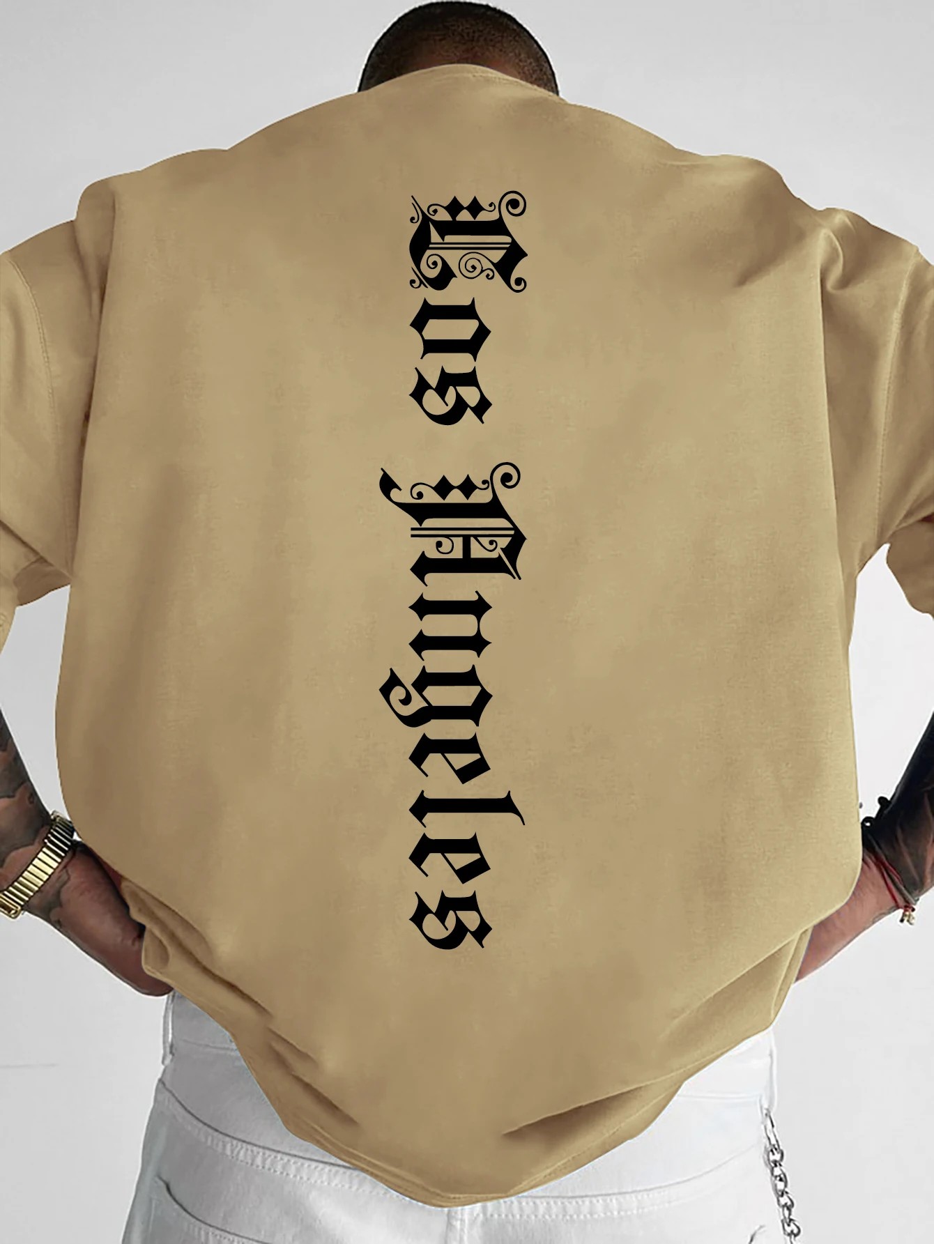Men's Gothic Streetwear Oversized T-Shirt "Los Angeles" Vertical Script Graphic Print Crew Neck Short Sleeve Tops S-XXL