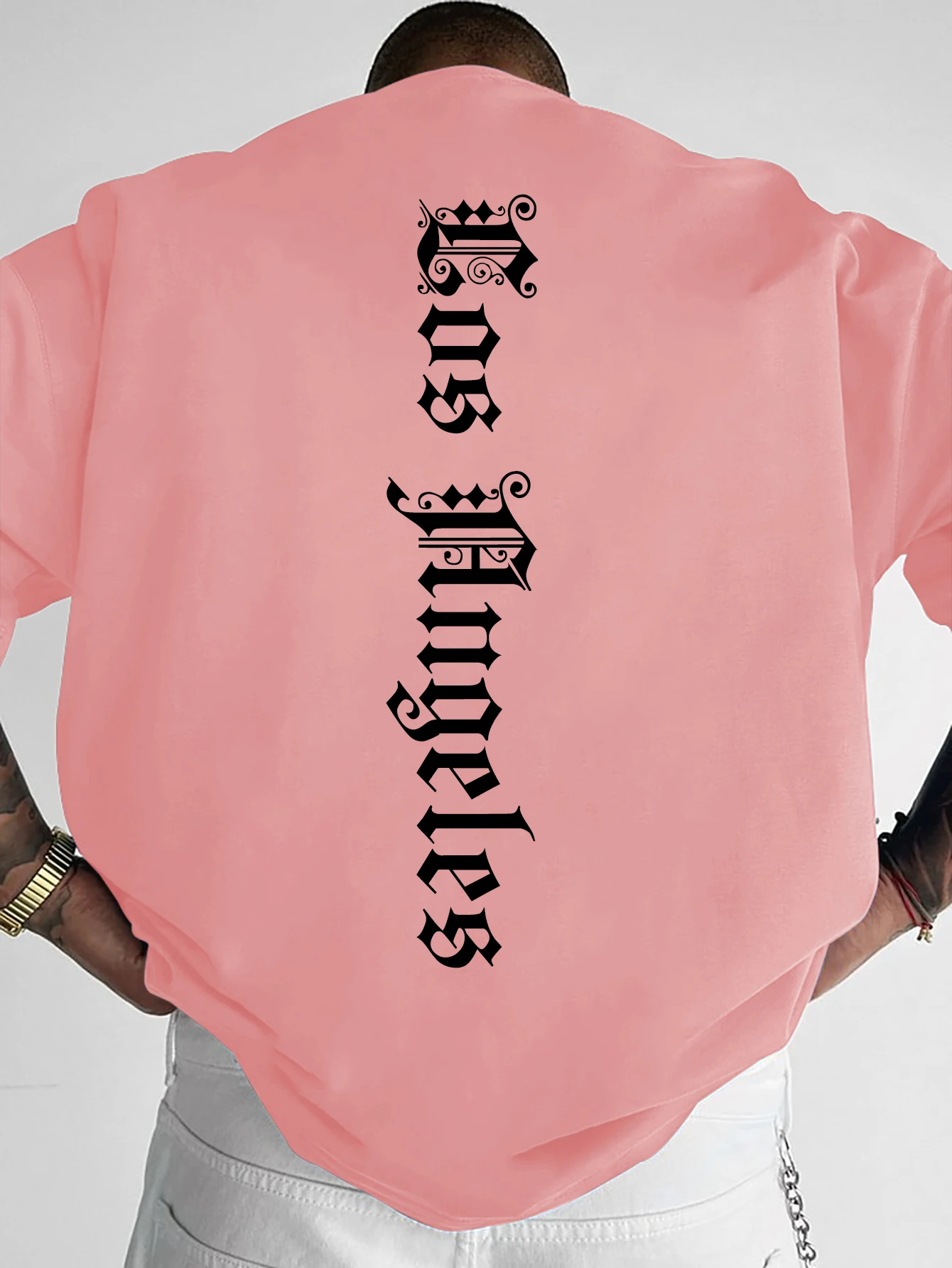 Men's Gothic Streetwear Oversized T-Shirt "Los Angeles" Vertical Script Graphic Print Crew Neck Short Sleeve Tops S-XXL
