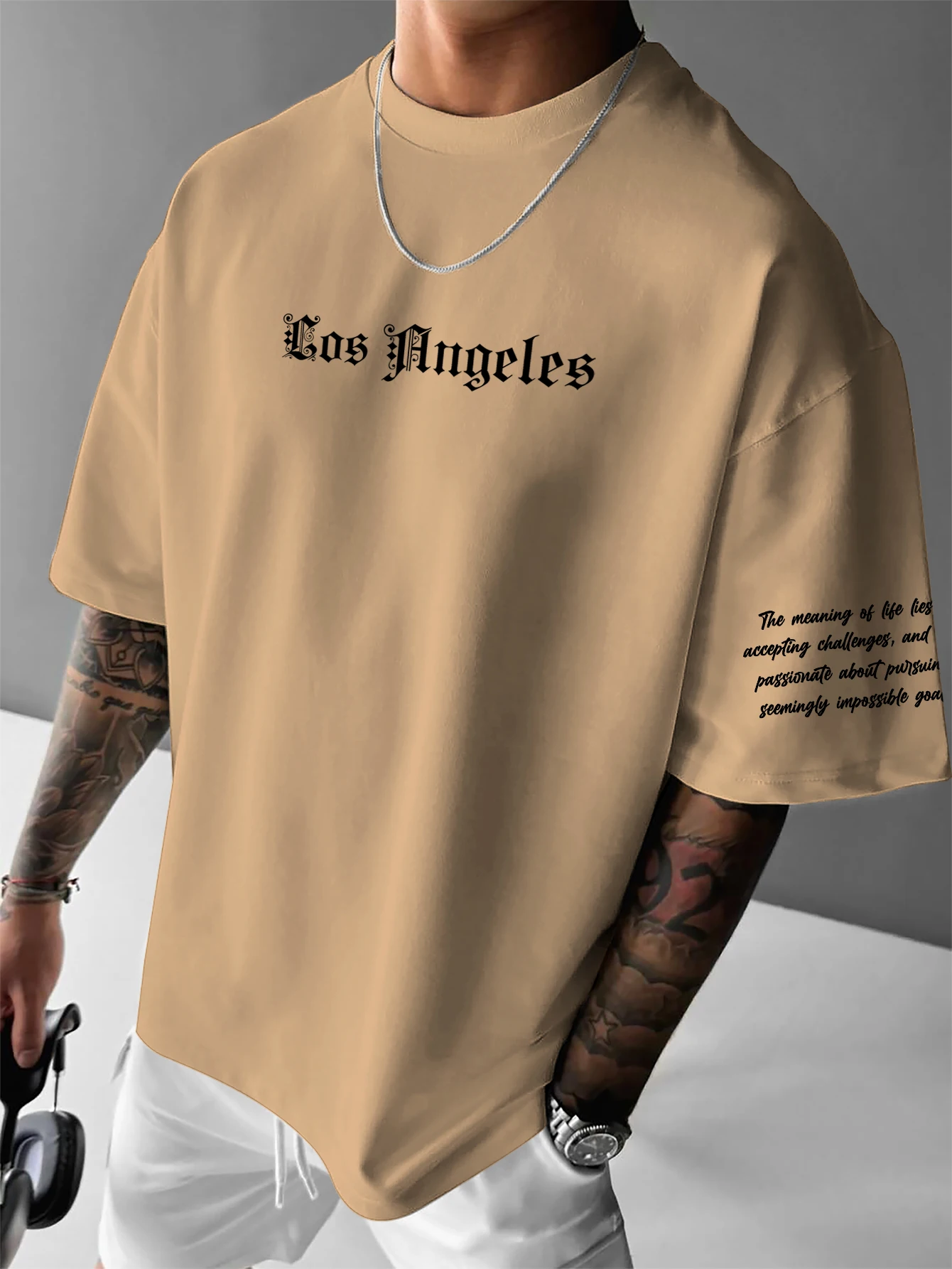 Men's Gothic Streetwear Oversized T-Shirt "Los Angeles" Vertical Script Graphic Print Crew Neck Short Sleeve Tops S-XXL