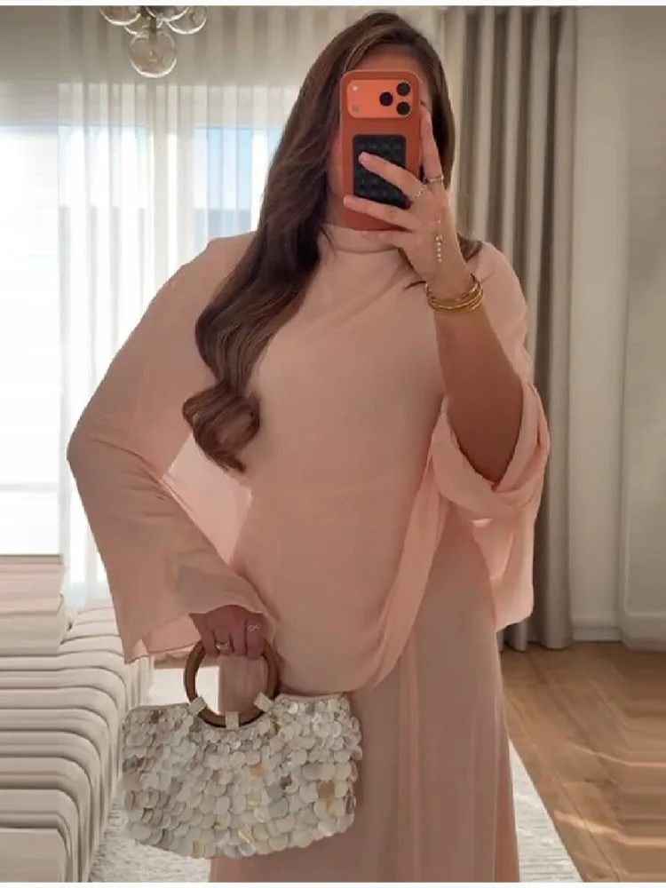 Minimalist Pink Chiffon Stand Collar Dresses Women Trendy Slim Fit Layered Shawl Sleeve Vestido Summer Beach Vacation Daily Gown