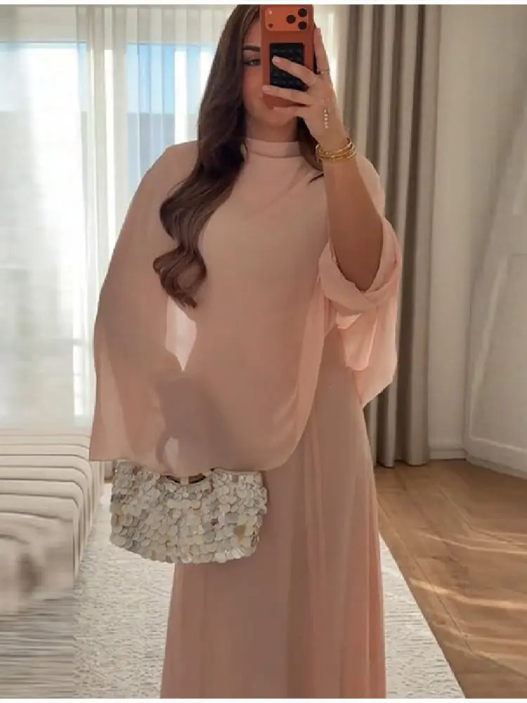 Minimalist Pink Chiffon Stand Collar Dresses Women Trendy Slim Fit Layered Shawl Sleeve Vestido Summer Beach Vacation Daily Gown
