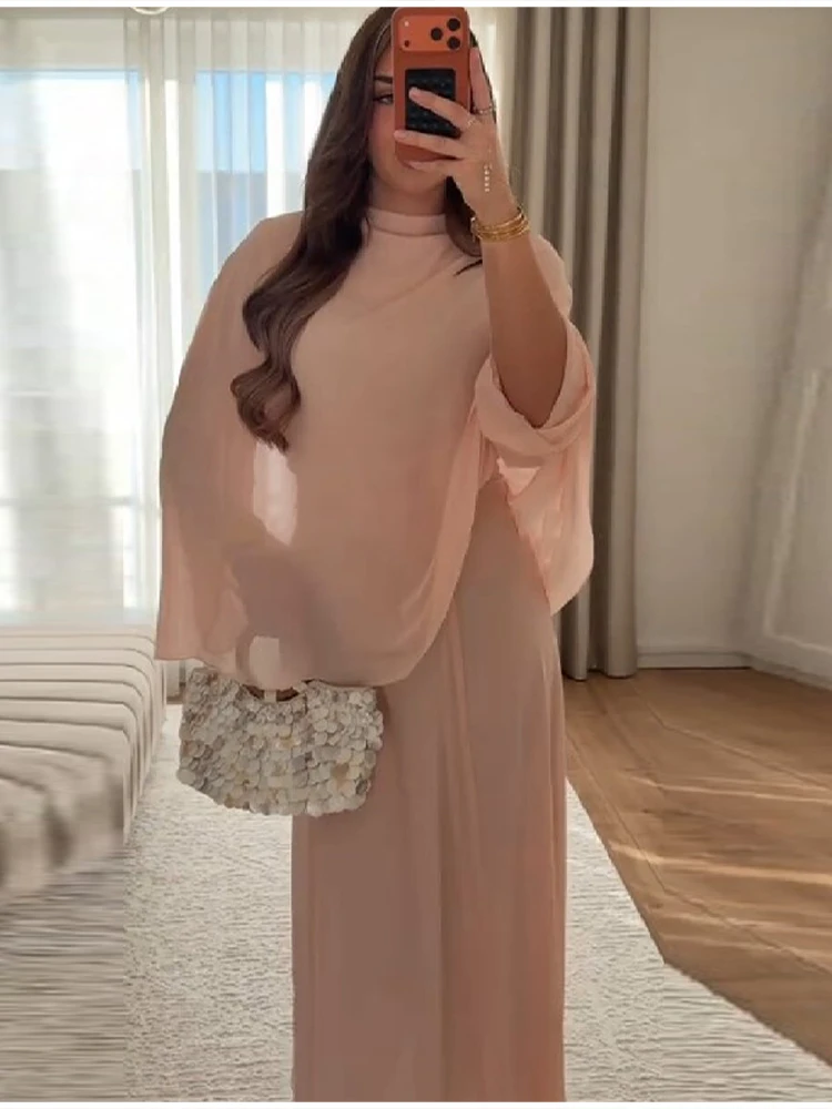 Minimalist Pink Chiffon Stand Collar Dresses Women Trendy Slim Fit Layered Shawl Sleeve Vestido Summer Beach Vacation Daily Gown