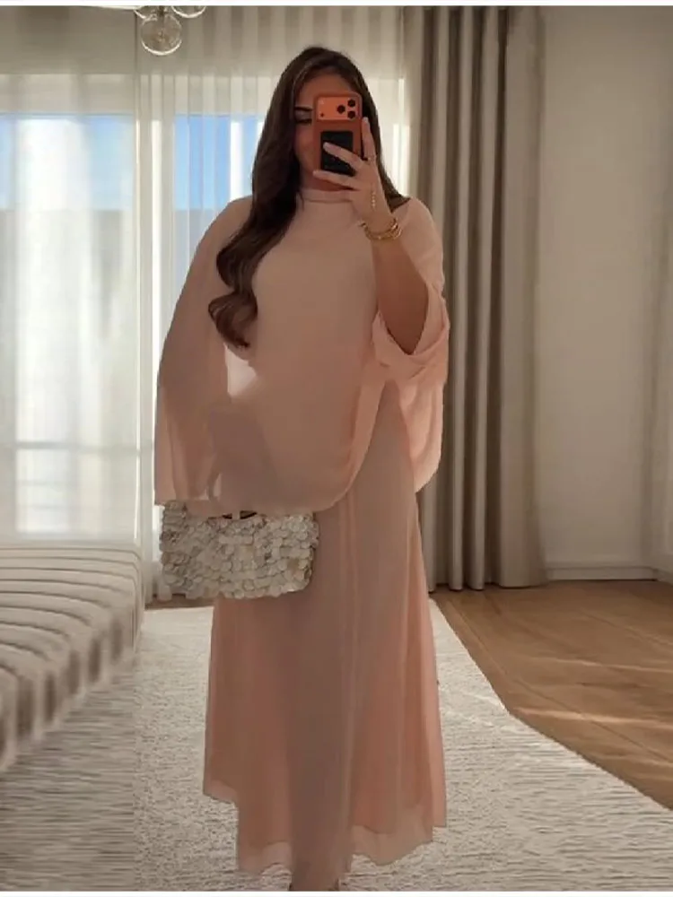 Minimalist Pink Chiffon Stand Collar Dresses Women Trendy Slim Fit Layered Shawl Sleeve Vestido Summer Beach Vacation Daily Gown