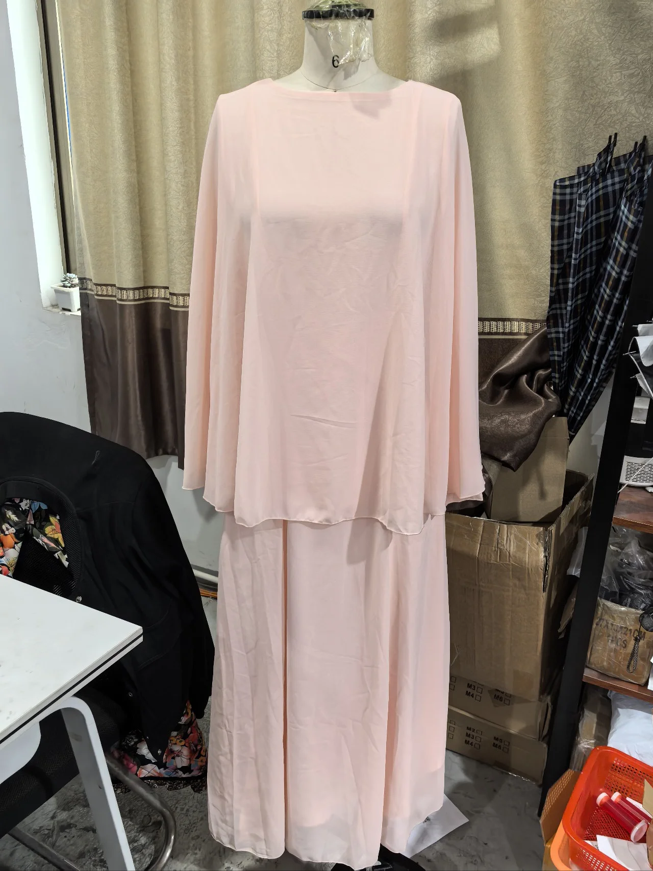 Minimalist Pink Chiffon Stand Collar Dresses Women Trendy Slim Fit Layered Shawl Sleeve Vestido Summer Beach Vacation Daily Gown