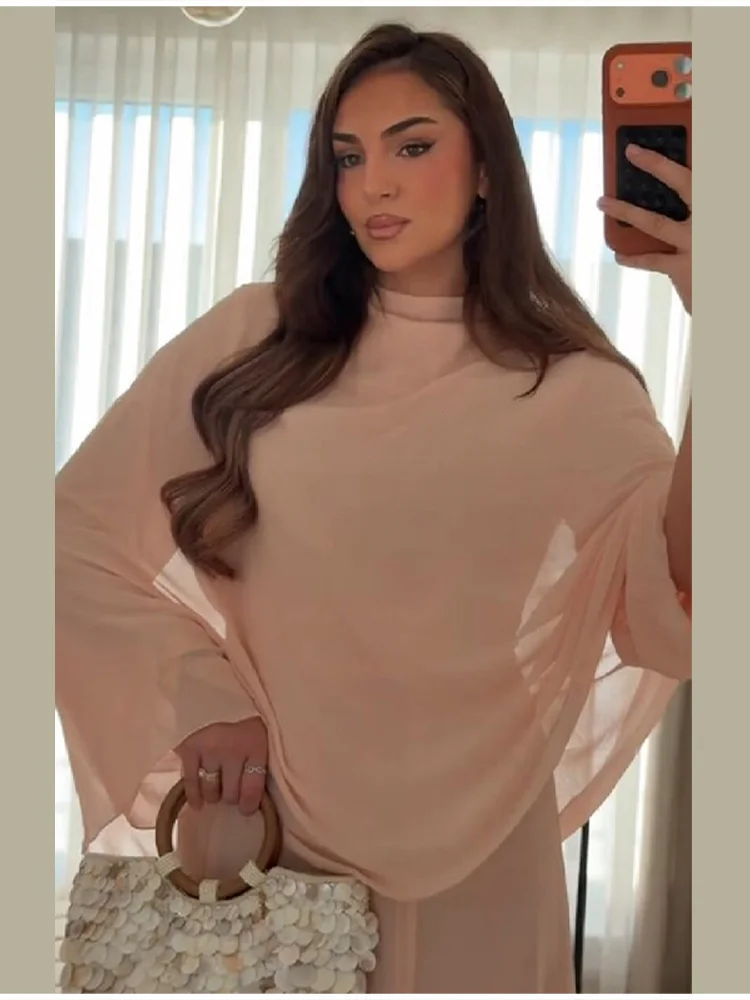 Minimalist Pink Chiffon Stand Collar Dresses Women Trendy Slim Fit Layered Shawl Sleeve Vestido Summer Beach Vacation Daily Gown