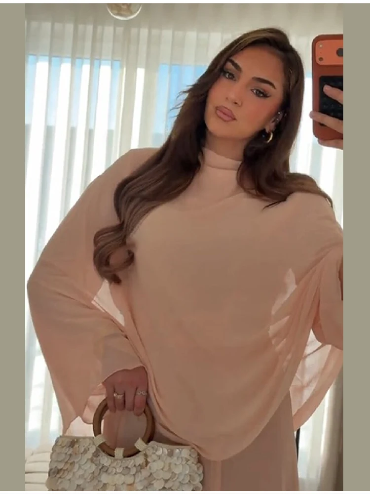 Minimalist Pink Chiffon Stand Collar Dresses Women Trendy Slim Fit Layered Shawl Sleeve Vestido Summer Beach Vacation Daily Gown