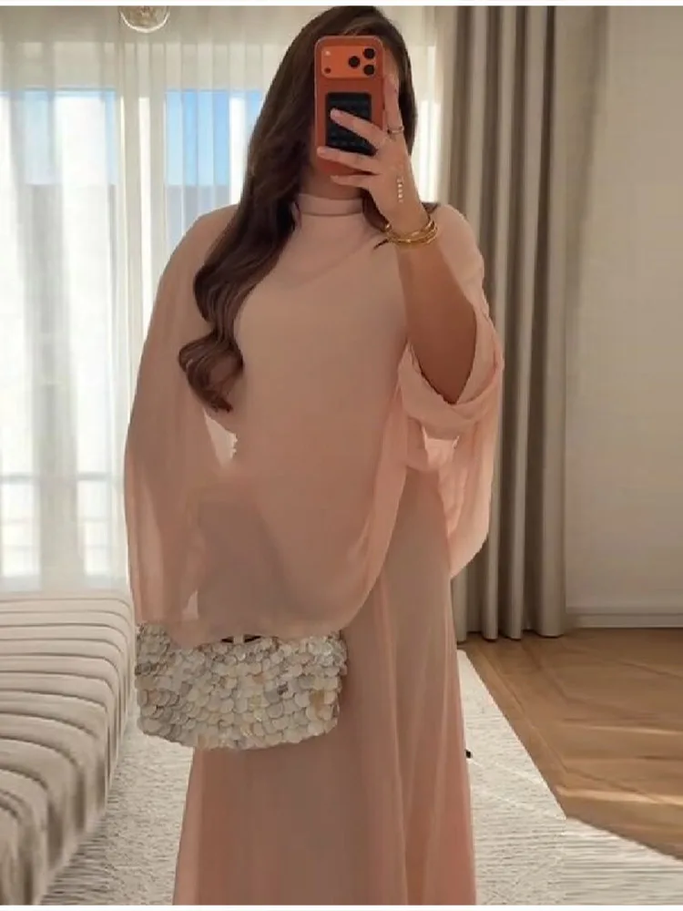 Minimalist Pink Chiffon Stand Collar Dresses Women Trendy Slim Fit Layered Shawl Sleeve Vestido Summer Beach Vacation Daily Gown