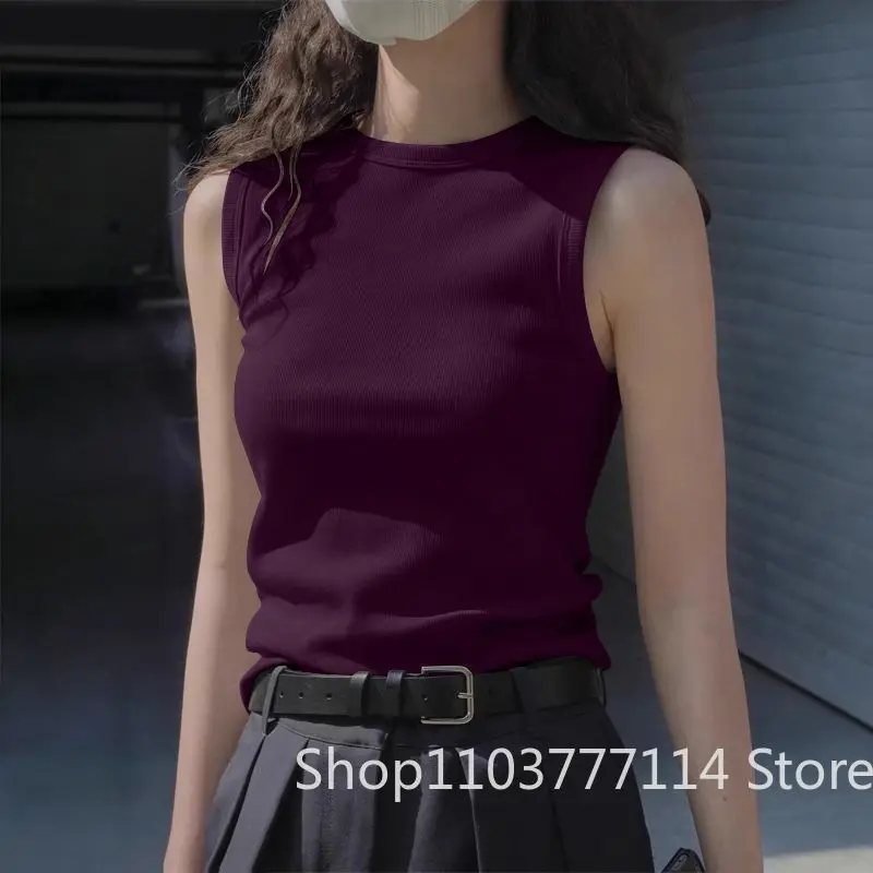 Ladies' Summer Fashion Round Neck Sleeveless Vest Soft Solid Color Suspender Korean Version Slim Fit Versatile Women's Clothing
