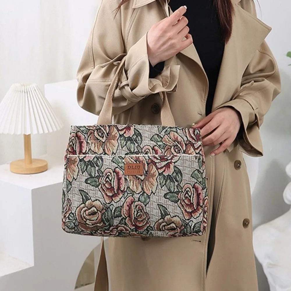 Casual Floral Print Women's Tote Bag Thickened Canvas Lunch Bag Zipper Large Capacity Jacquard Handbag