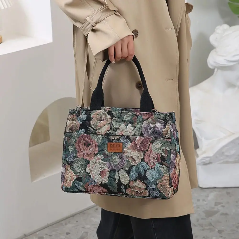 Casual Floral Print Women's Tote Bag Thickened Canvas Lunch Bag Zipper Large Capacity Jacquard Handbag