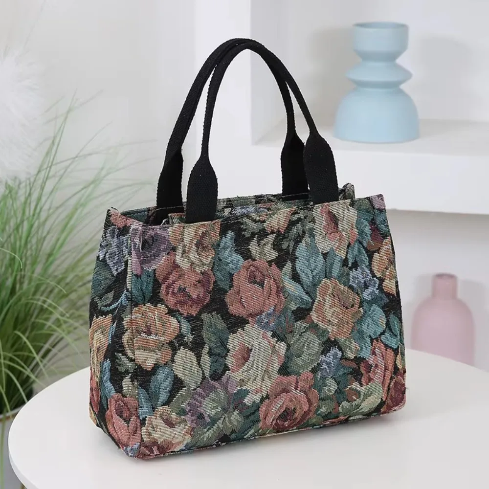 Casual Floral Print Women's Tote Bag Thickened Canvas Lunch Bag Zipper Large Capacity Jacquard Handbag