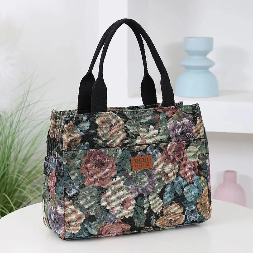 Casual Floral Print Women's Tote Bag Thickened Canvas Lunch Bag Zipper Large Capacity Jacquard Handbag