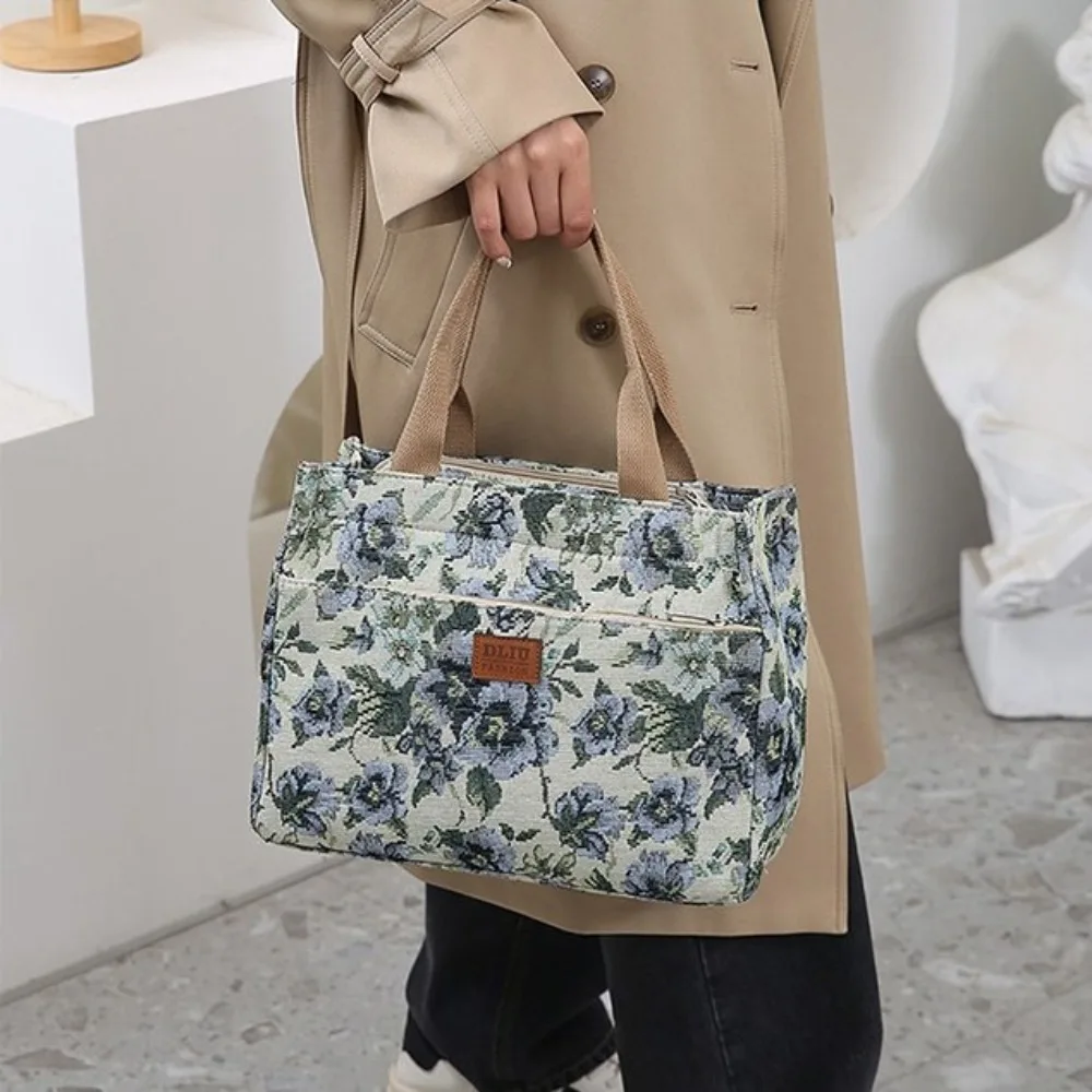 Casual Floral Print Women's Tote Bag Thickened Canvas Lunch Bag Zipper Large Capacity Jacquard Handbag