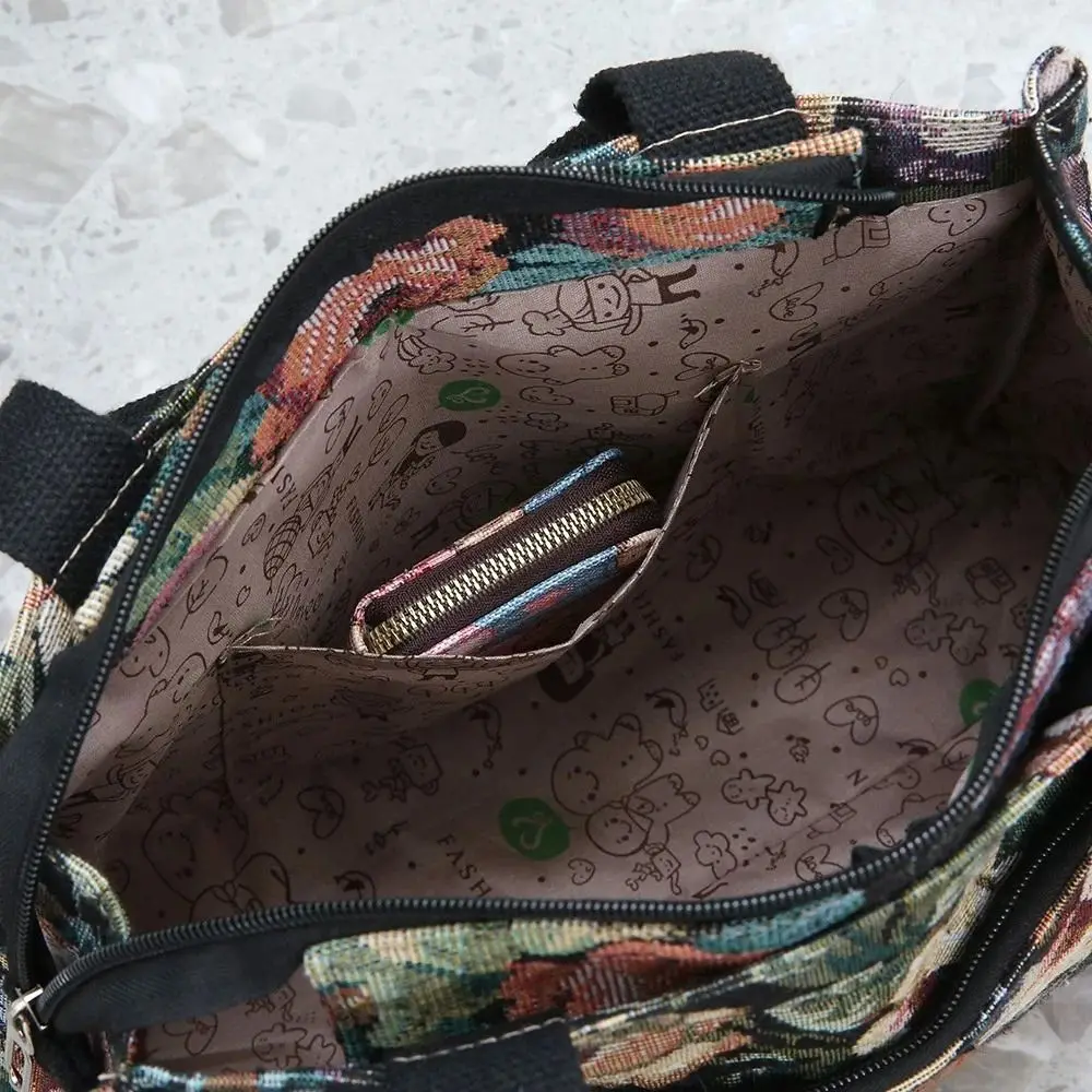 Casual Floral Print Women's Tote Bag Thickened Canvas Lunch Bag Zipper Large Capacity Jacquard Handbag