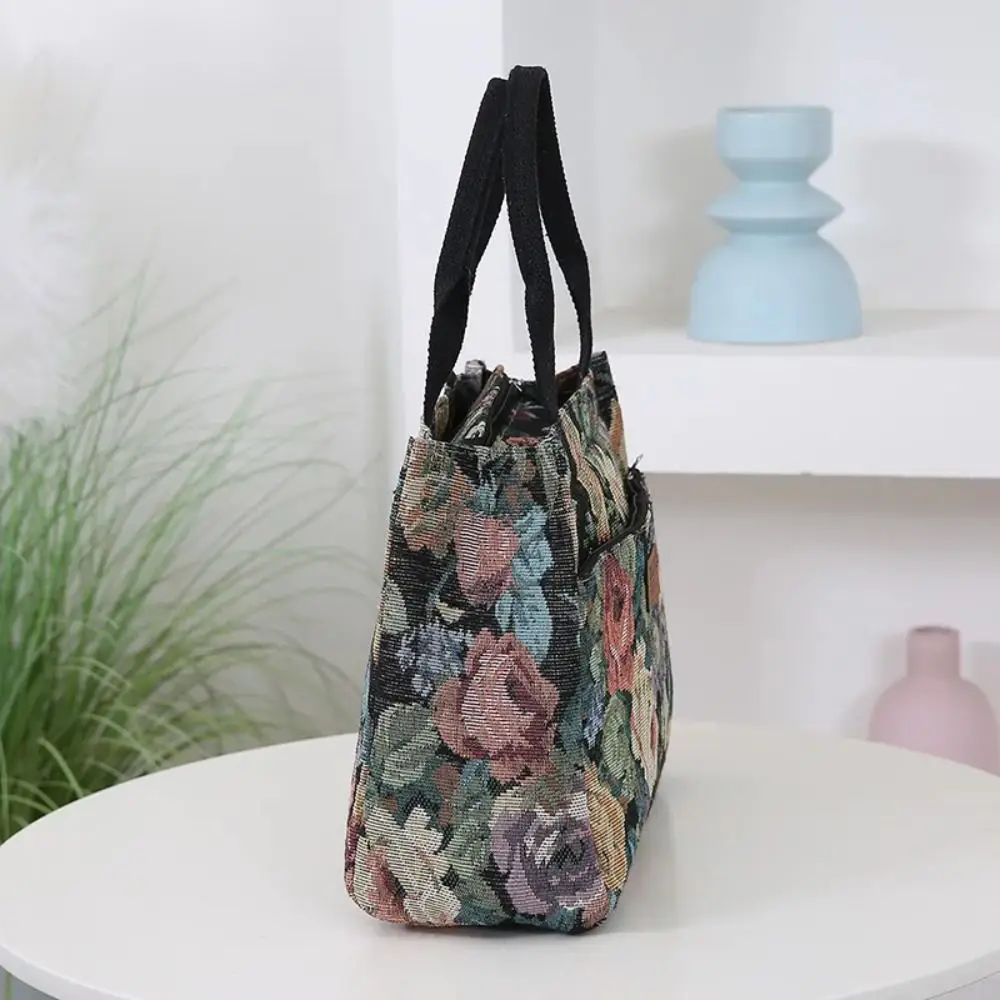 Casual Floral Print Women's Tote Bag Thickened Canvas Lunch Bag Zipper Large Capacity Jacquard Handbag