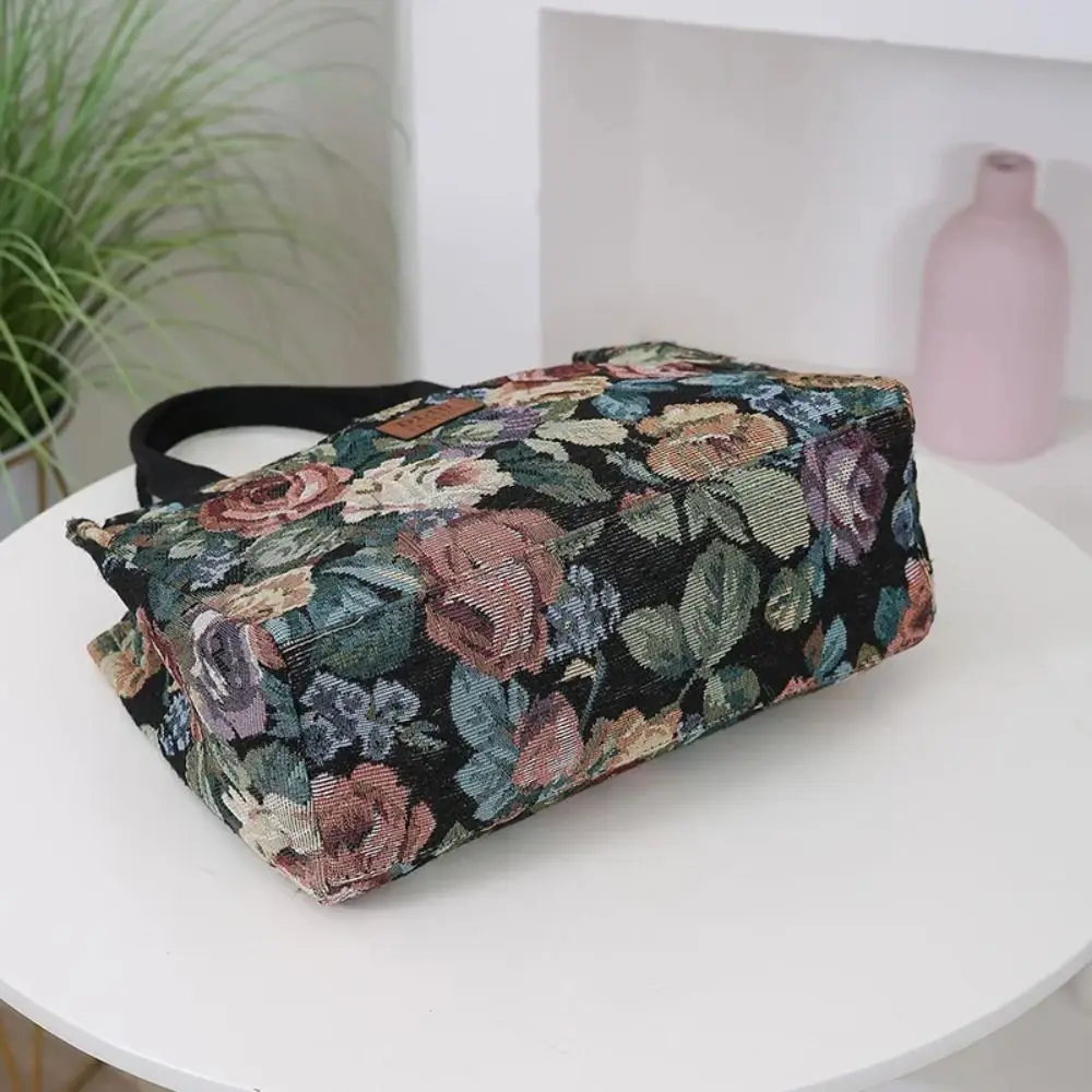 Casual Floral Print Women's Tote Bag Thickened Canvas Lunch Bag Zipper Large Capacity Jacquard Handbag