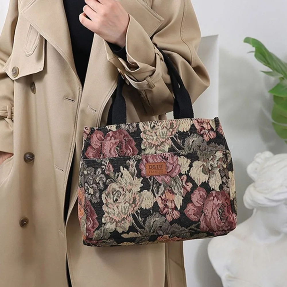 Casual Floral Print Women's Tote Bag Thickened Canvas Lunch Bag Zipper Large Capacity Jacquard Handbag