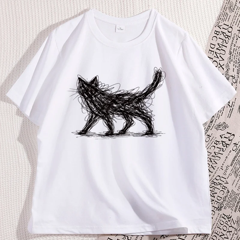 Vintage Cat Line T Shirt Funny Modern Sketch Animal Tee Cat Lover Graphic Tee Elastic Casual Short Sleeve T-shirt Clothes