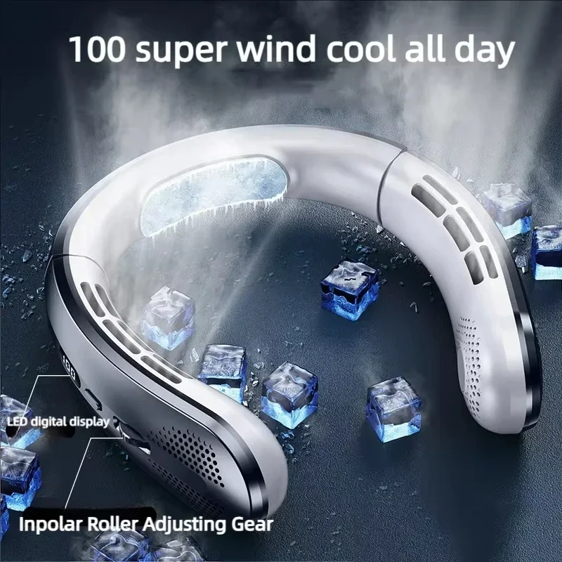 2026 New 8000mAh Portable Hanging Neck Fan Bladeless Neckband Fan Digital Display Power Air Cooler USB Rechargeable Electric Fan