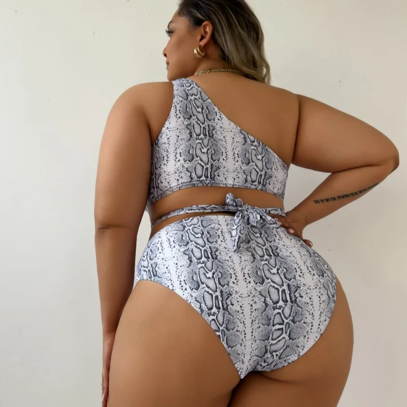 Women's Plus Size Snake Patterned Two-piece Bikini Set with Hollowed Out Lace Up Swimsuit High Waisted Beach Vacation Swimsuit