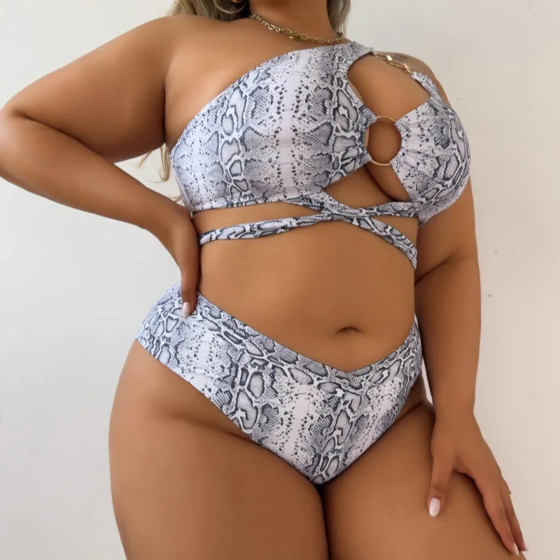 Women's Plus Size Snake Patterned Two-piece Bikini Set with Hollowed Out Lace Up Swimsuit High Waisted Beach Vacation Swimsuit