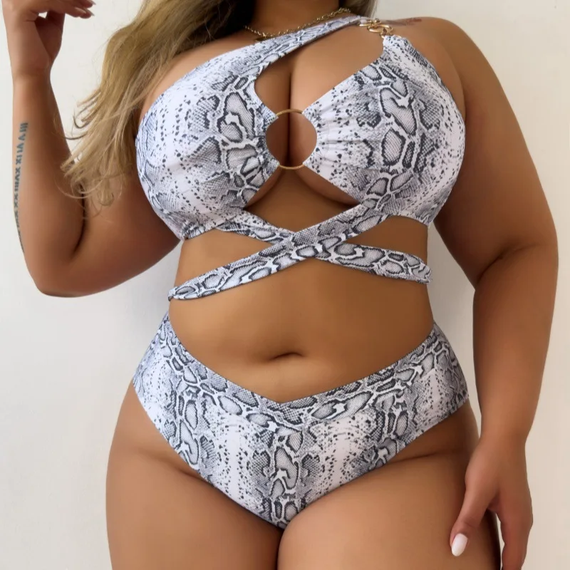Women's Plus Size Snake Patterned Two-piece Bikini Set with Hollowed Out Lace Up Swimsuit High Waisted Beach Vacation Swimsuit