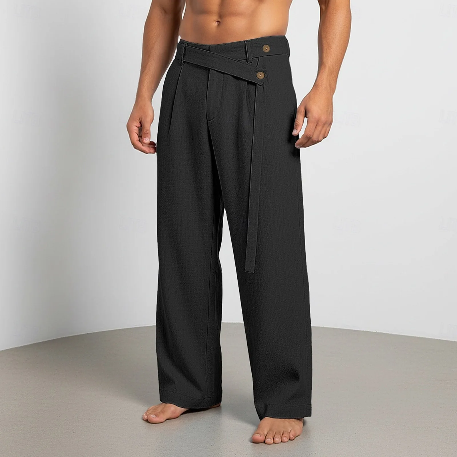 2026 Men's Spring New Models, Large Size American Slanted Waist Linen Casual Trousers for Men with White Background