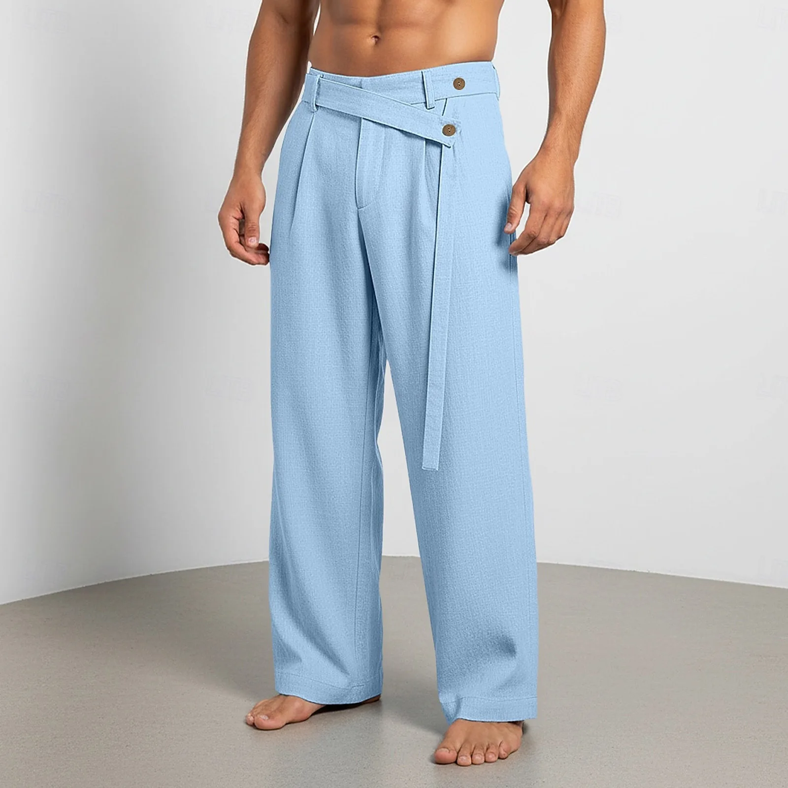 2026 Men's Spring New Models, Large Size American Slanted Waist Linen Casual Trousers for Men with White Background