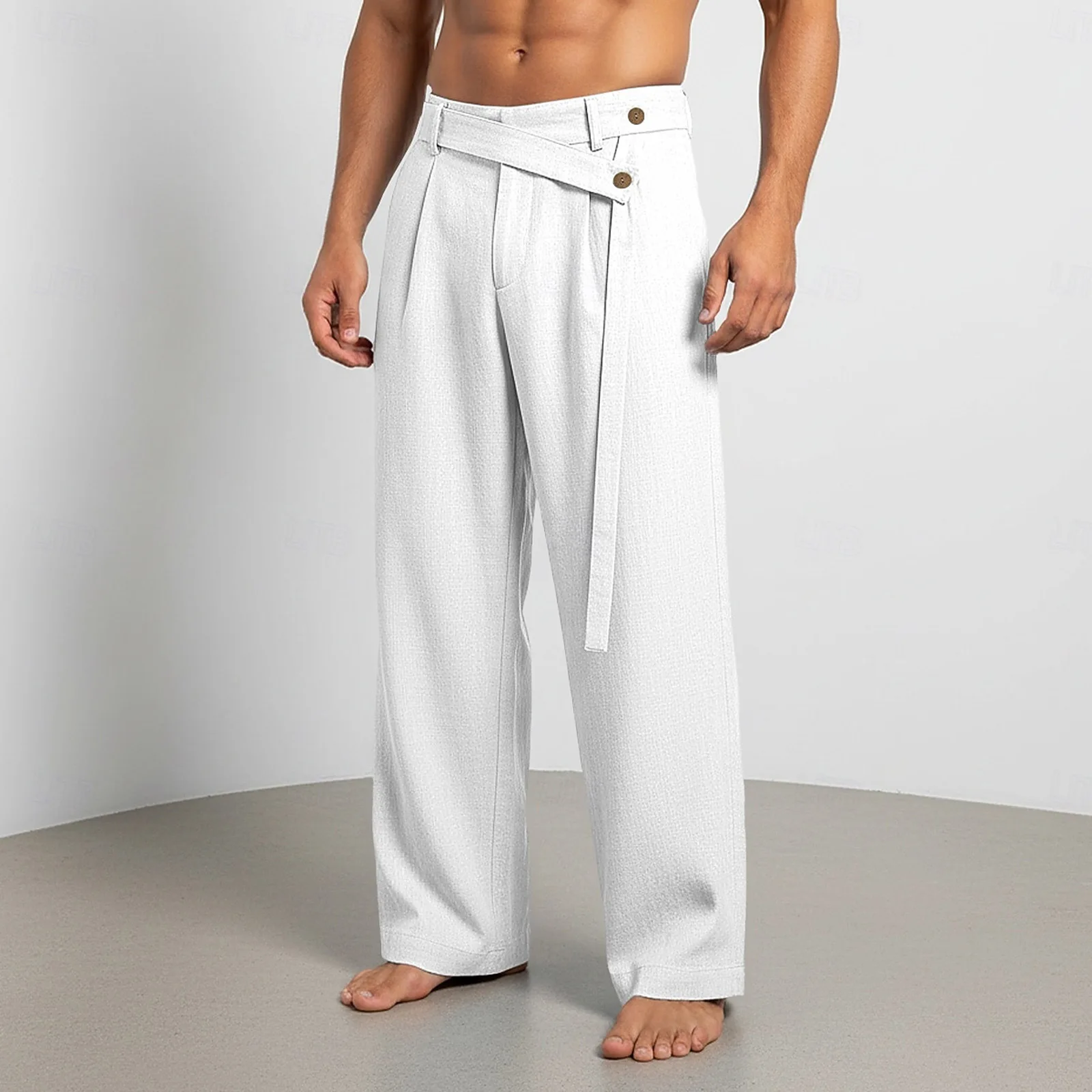 2026 Men's Spring New Models, Large Size American Slanted Waist Linen Casual Trousers for Men with White Background