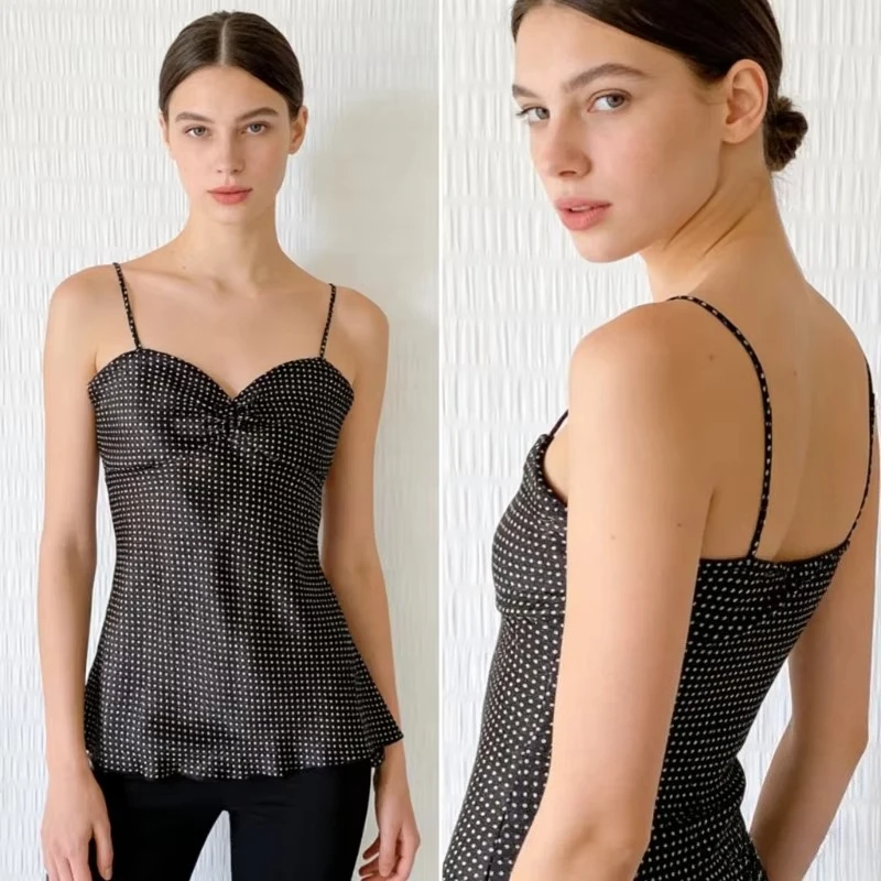 Y2K Aesthetic Black Polka Dot Cami Top Women Retro French Style Folded Bust Sleeveless Crop Tank Sexy Going Out Top