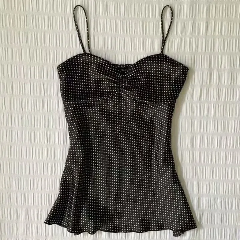 Y2K Aesthetic Black Polka Dot Cami Top Women Retro French Style Folded Bust Sleeveless Crop Tank Sexy Going Out Top