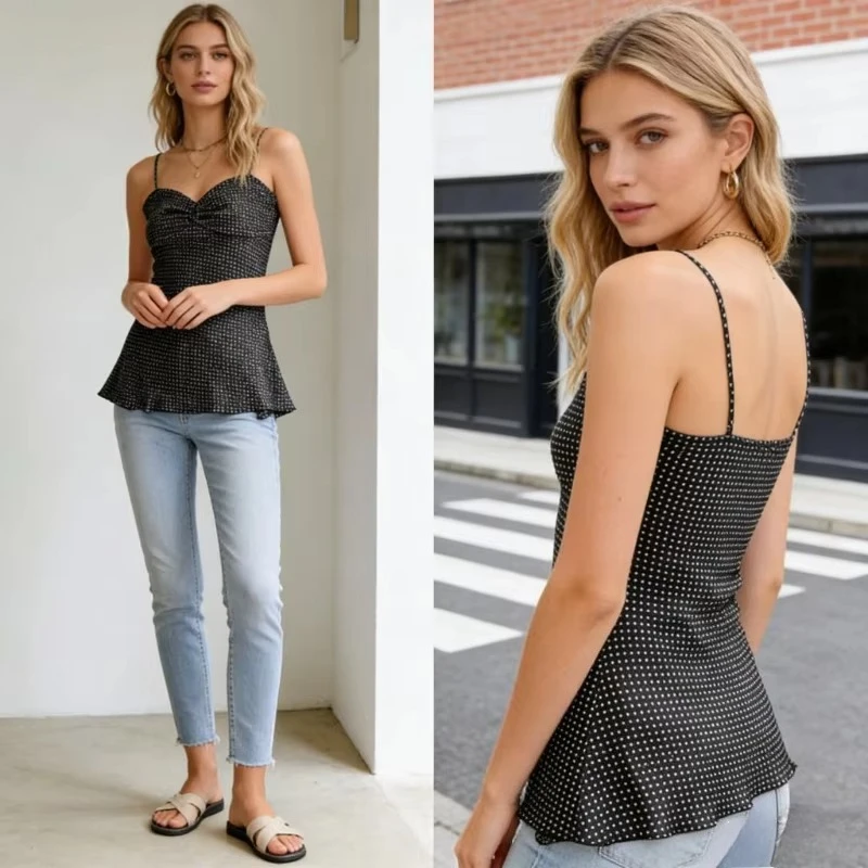 Y2K Aesthetic Black Polka Dot Cami Top Women Retro French Style Folded Bust Sleeveless Crop Tank Sexy Going Out Top