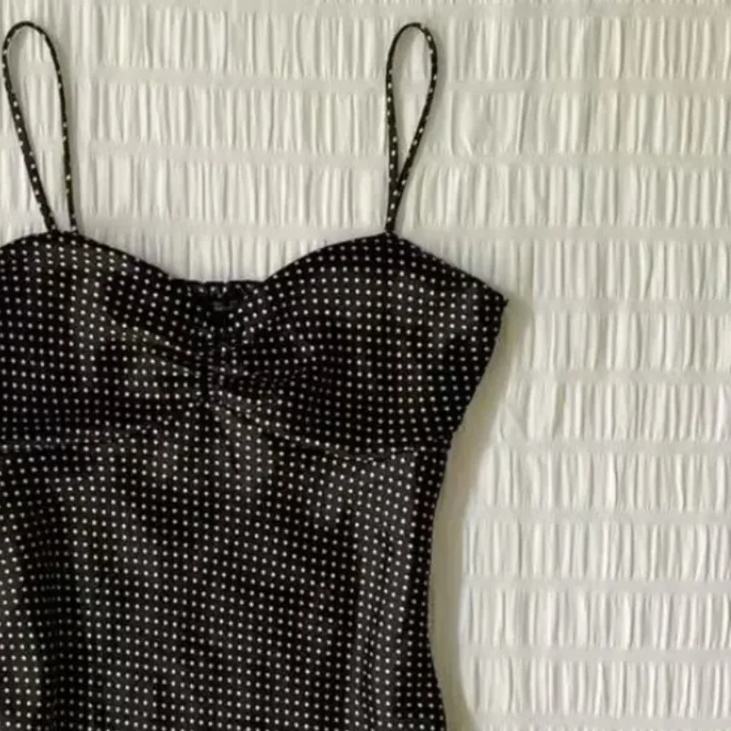 Y2K Aesthetic Black Polka Dot Cami Top Women Retro French Style Folded Bust Sleeveless Crop Tank Sexy Going Out Top