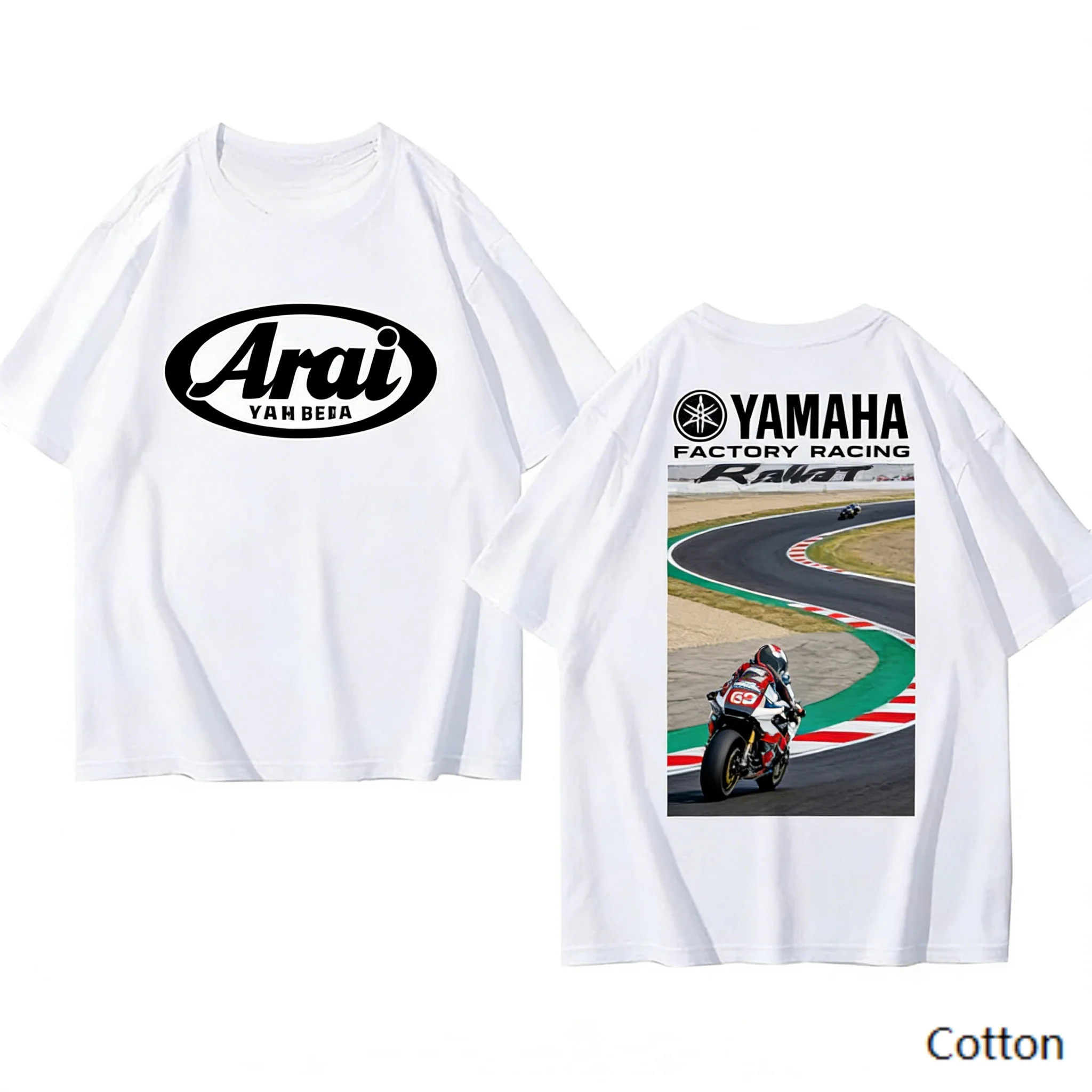 2026 YAMAHA White Oversized Retro Racing Print Cotton T-Shirt Unisex Breathable Biker Street Top