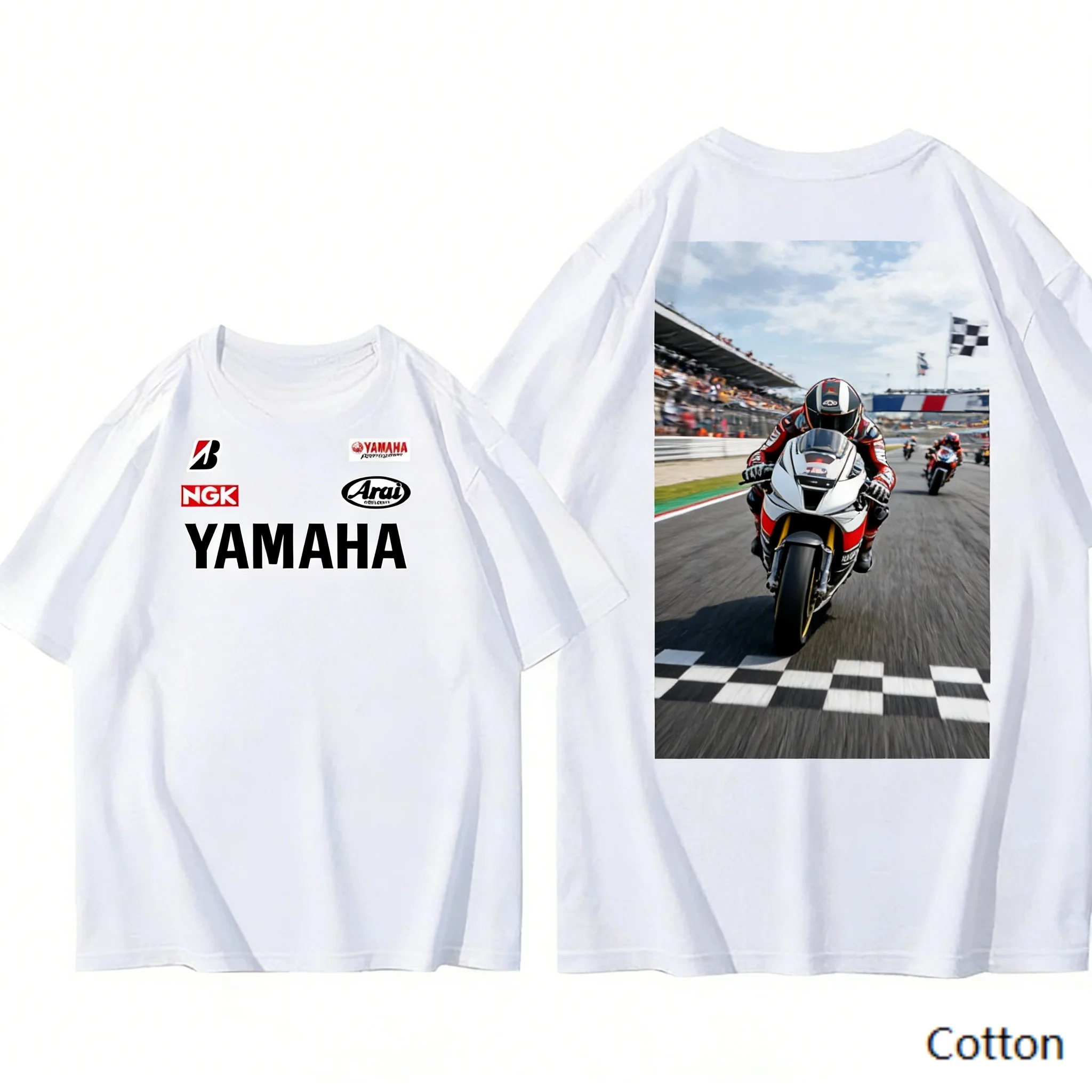 2026 YAMAHA White Oversized Retro Racing Print Cotton T-Shirt Unisex Breathable Biker Street Top