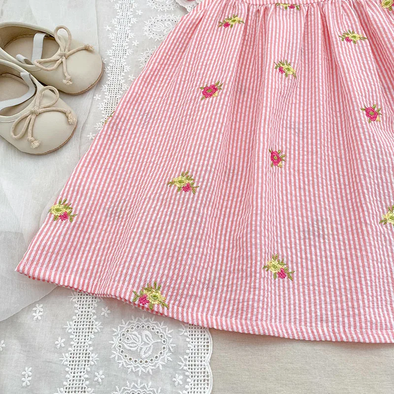 2026 New Summer 2-6Yrs Princess Dress Striped Cute Sweet Baby Girl Pink Round Neck Dress Flying Sleeve Cotton Embroidery Dress