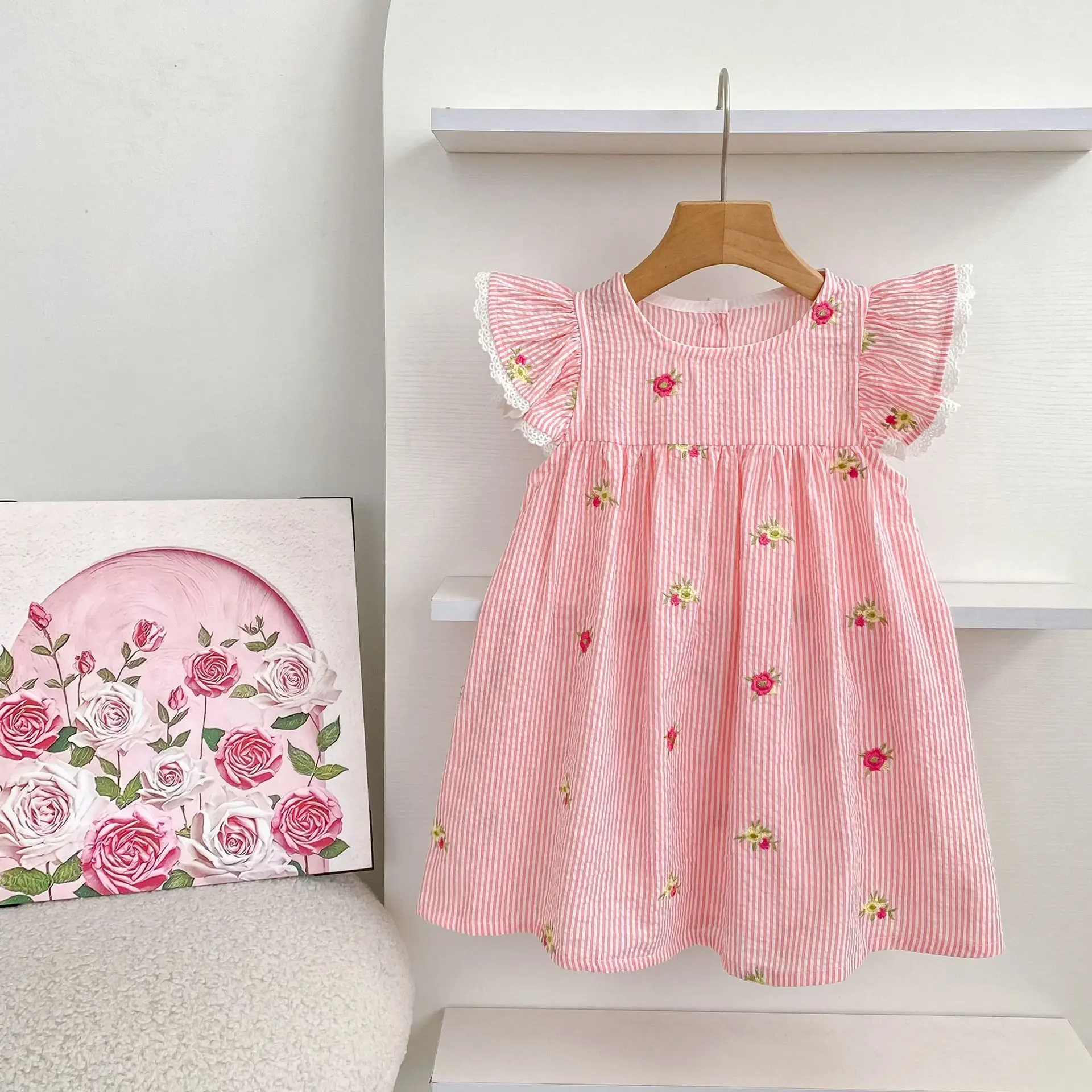 2026 New Summer 2-6Yrs Princess Dress Striped Cute Sweet Baby Girl Pink Round Neck Dress Flying Sleeve Cotton Embroidery Dress