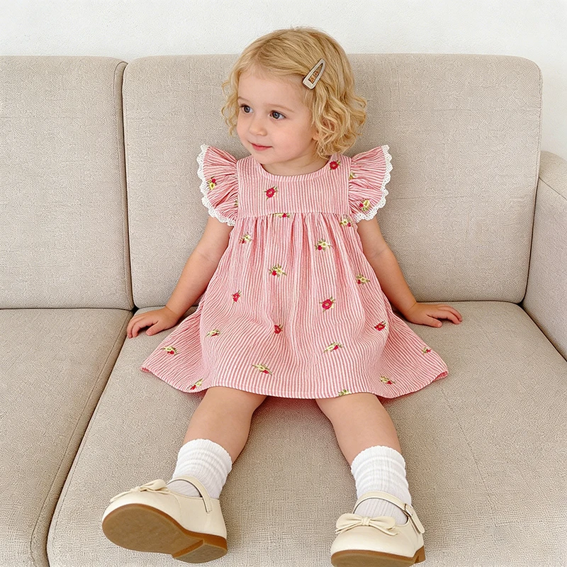 2026 New Summer 2-6Yrs Princess Dress Striped Cute Sweet Baby Girl Pink Round Neck Dress Flying Sleeve Cotton Embroidery Dress