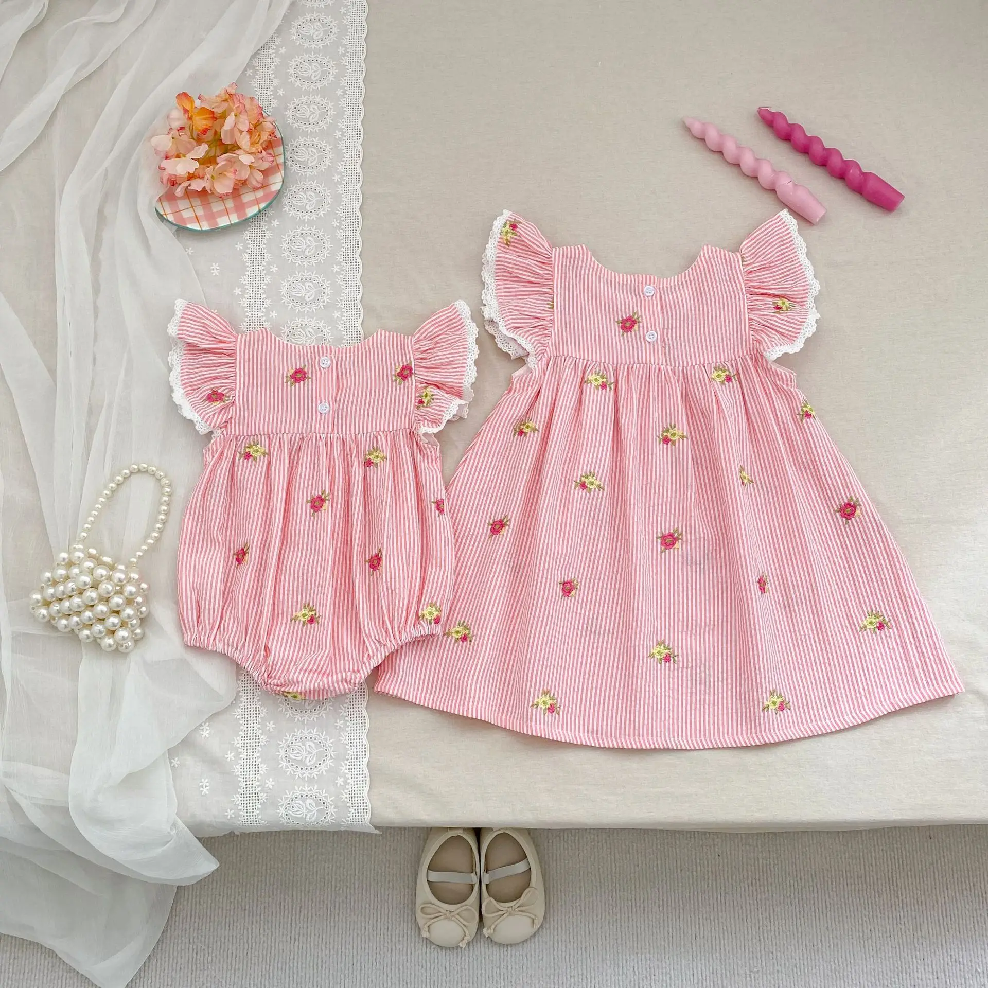 2026 New Summer 2-6Yrs Princess Dress Striped Cute Sweet Baby Girl Pink Round Neck Dress Flying Sleeve Cotton Embroidery Dress