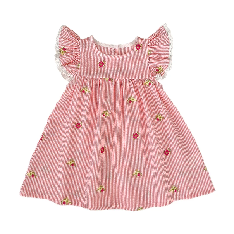 2026 New Summer 2-6Yrs Princess Dress Striped Cute Sweet Baby Girl Pink Round Neck Dress Flying Sleeve Cotton Embroidery Dress