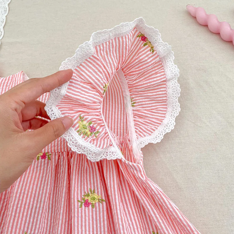 2026 New Summer 2-6Yrs Princess Dress Striped Cute Sweet Baby Girl Pink Round Neck Dress Flying Sleeve Cotton Embroidery Dress