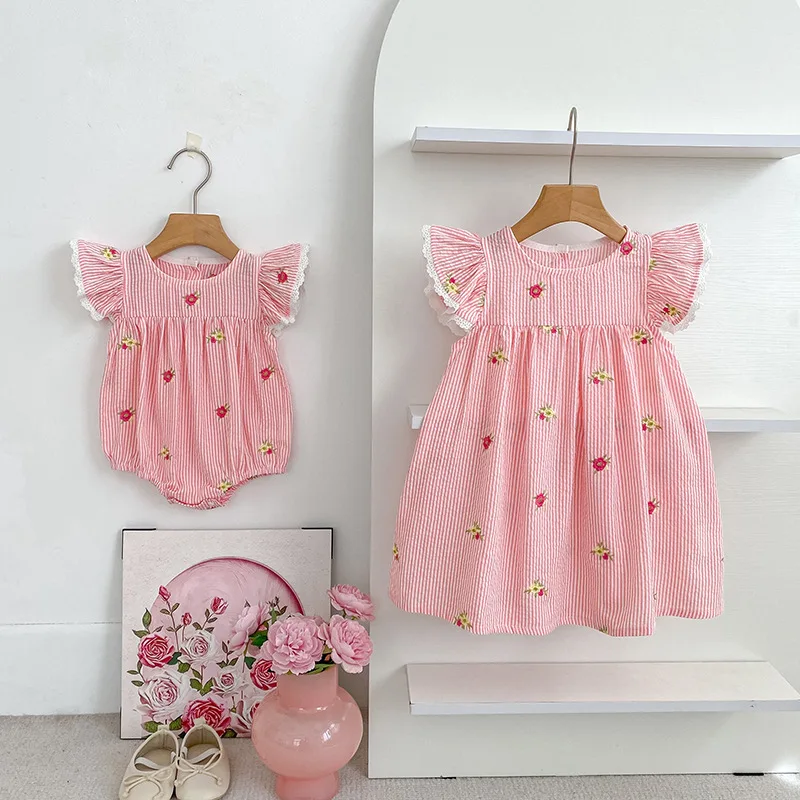 2026 New Summer 2-6Yrs Princess Dress Striped Cute Sweet Baby Girl Pink Round Neck Dress Flying Sleeve Cotton Embroidery Dress
